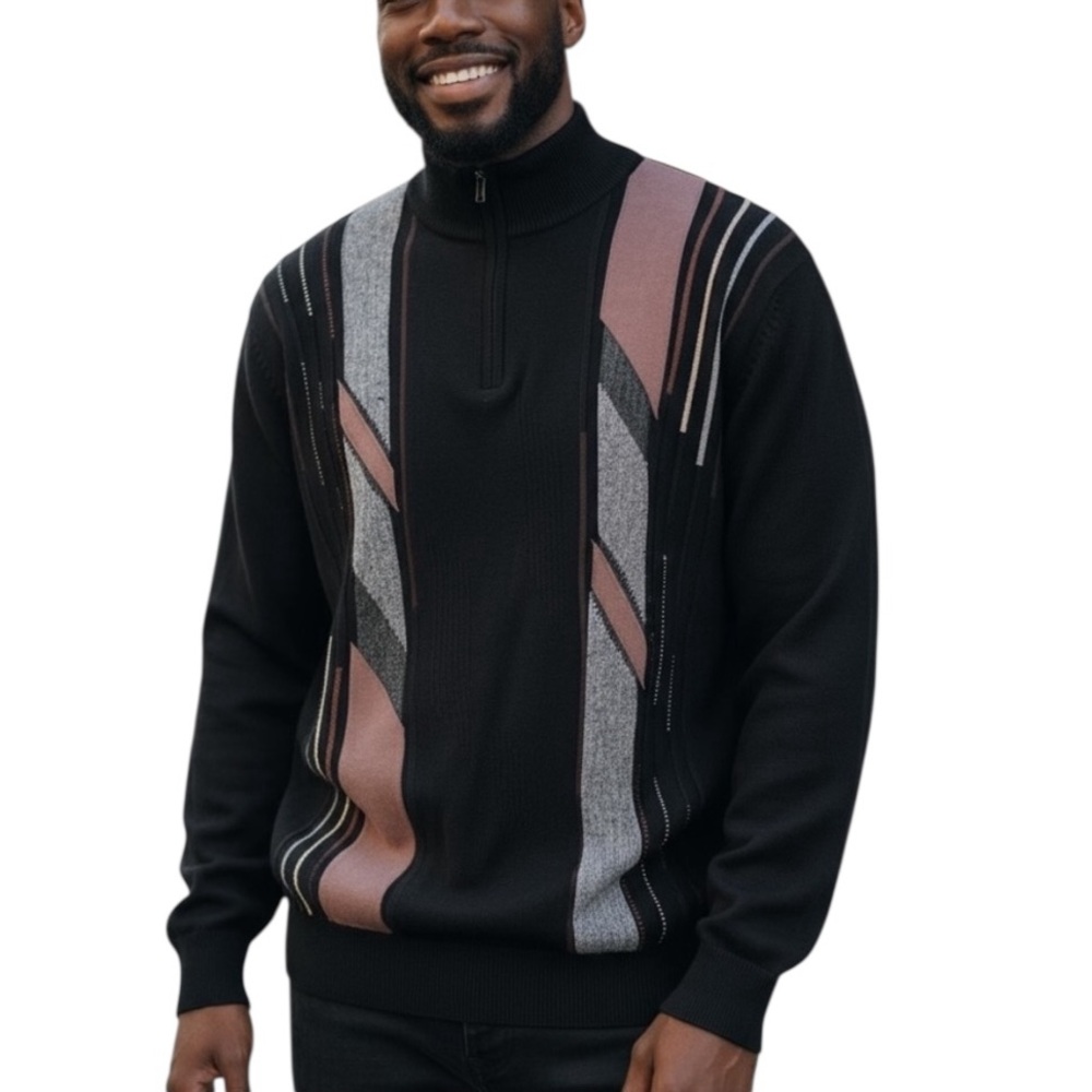 Gachu Retro 90’s Coogi Style Black & Brown Long Sleeve Sweater 1/4 Zip S…